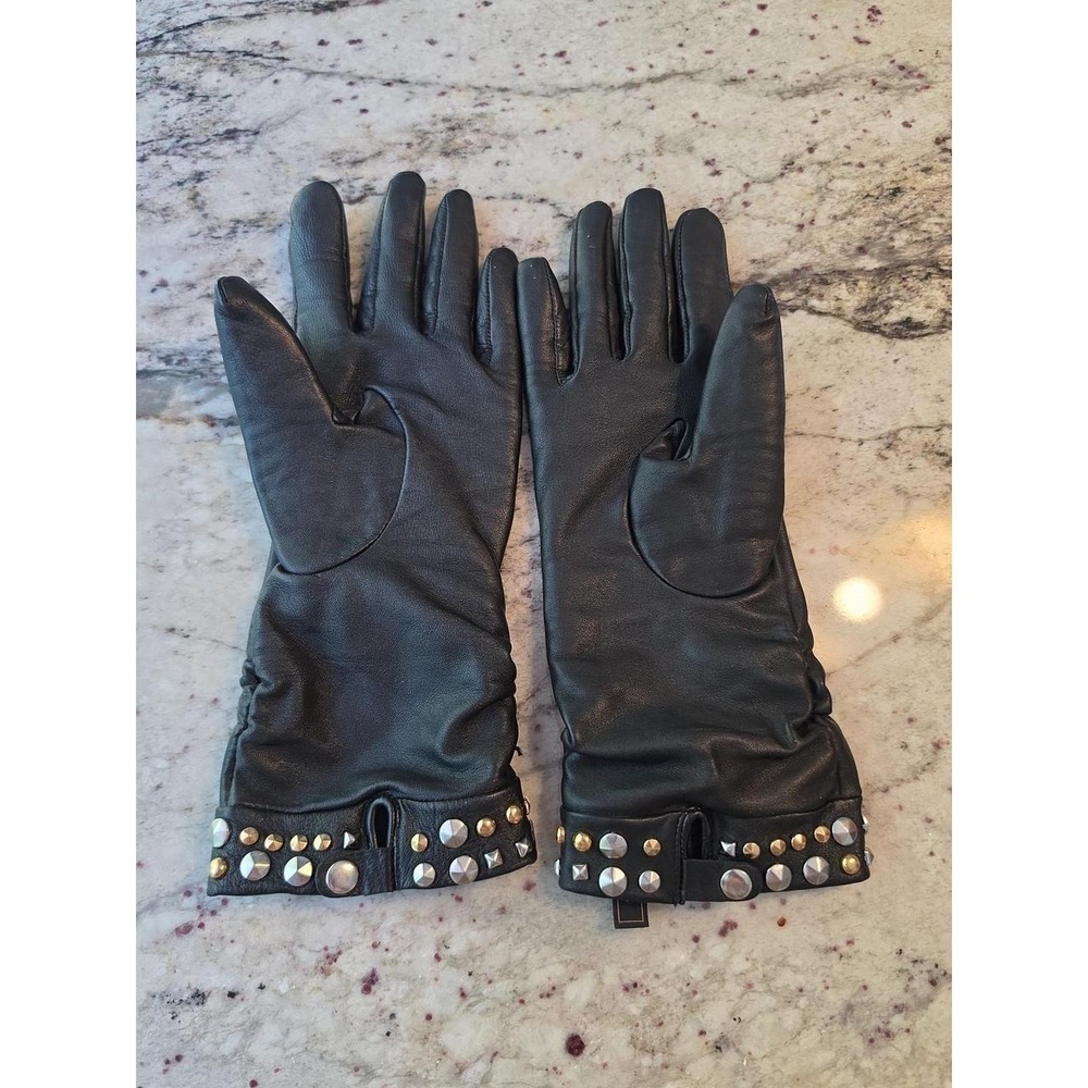 Y2K BCBG Black leather studded gloves womens m/l - Picture 3 of 5
